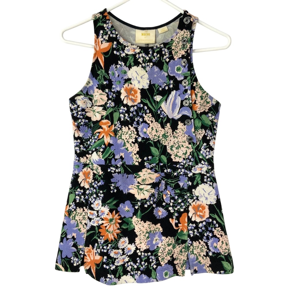 Maeve Anthropologie Black Floral Peplum Tank Top XS Button Detail Crew Neck